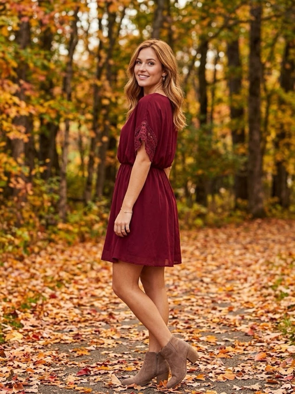 Altar'd State A-Line Mini Dress Medium V Neck Lace Sleeve Burgundy Red